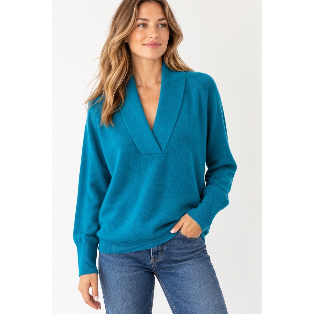 Sundance Sweater 100% Cashmere Shawl Collar New V-Neck Teal Blue mall